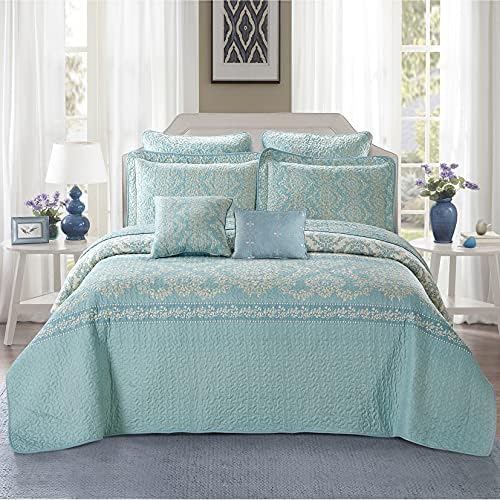  Home Soft Things Printed Microfiber 7 Piece Quilt Set Oversize 122" X 106" Bed Cover, Teal Aqua Gold Lightweight Reversible Bedspread Blanket Coverlet Bedding Set Thin Comforter, Mystic Teal