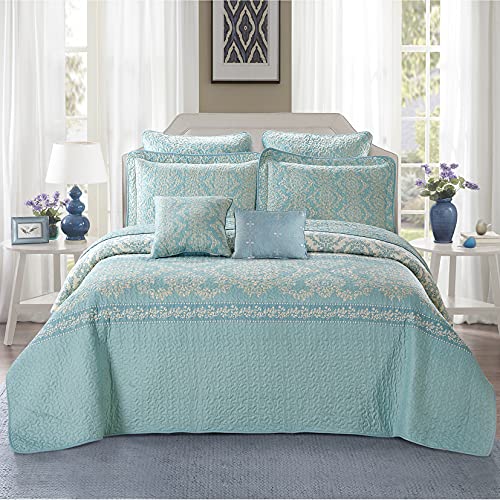  Home Soft Things Printed Microfiber 7 Piece Quilt Set Oversize 122" X 106" Bed Cover, Teal Aqua Gold Lightweight Reversible Bedspread Blanket Coverlet Bedding Set Thin Comforter, Mystic Teal