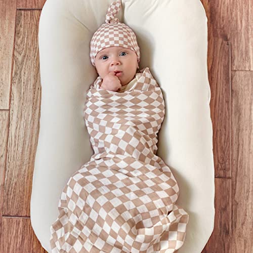  LifeTree Muslin Swaddle Blankets Neutral, Baby Swaddling Wrap Nursery Receiving Blanket For Boys & Girls Unisex, Soft Bamboo Cotton, Large 47 X 47 Inches, Bear & Checkered Coffee