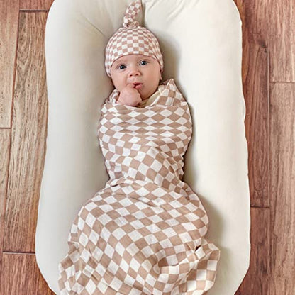 LifeTree Muslin Swaddle Blankets Neutral, Baby Swaddling Wrap Nursery Receiving Blanket For Boys & Girls Unisex, Soft Bamboo Cotton, Large 47 X 47 Inches, Bear & Checkered Coffee