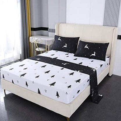  Mengersi Christmas Bed In A Bag 7-Pieces Comforter Sets,Christmas Deer Tree Comforter Set Bed Sheets,Pillow Shams, Flat Sheet, Fitted Sheet And Pillowcases,Black And White Bedding Sets(Deer,King)