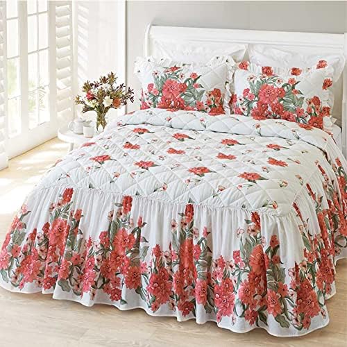  100% Cotton High 3-Pieces Ruffle Bed Skirt Queen Size Red Floral Quilted Bedspread Set With 2 Pillow Shams 20″Deep Dust Ruffle Drop 3-Side Dust Ruffle Drape Fitted Sheet For Bed Cover(White, Queen)