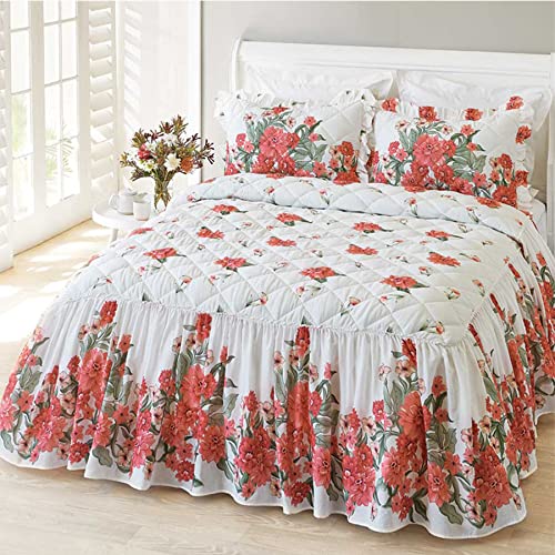  100% Cotton High 3-Pieces Ruffle Bed Skirt Queen Size Red Floral Quilted Bedspread Set With 2 Pillow Shams 20″Deep Dust Ruffle Drop 3-Side Dust Ruffle Drape Fitted Sheet For Bed Cover(White, Queen)