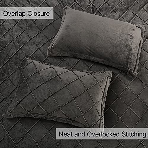  Pleated Velvet Duvet Cover Set King, 3PCS Flannel Comforter Cover Set For All Season, Ultra Soft Cozy Luxurious Velour Duvet Cover With Pillow Shams Bedding Collection, 106" X 92", Charcoal Grey