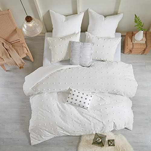  Duvet Set 100% Cotton Jacquard, Tufts Accent, Shabby Chic All Season Cover For Comforter, Matching Shams, Decorative Pillows, Full/Queen (88 In X 92 In), Charcoal 7 Piece