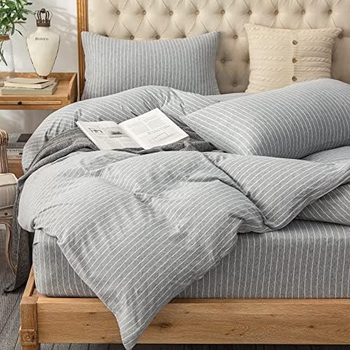 PURE ERA Jersey Knit Duvet Cover Set 100% T-Shirt Heather Cotton Super Soft Comfy Classic Striped Design, With Zipper Closure, Forest Green Stripe, Queen