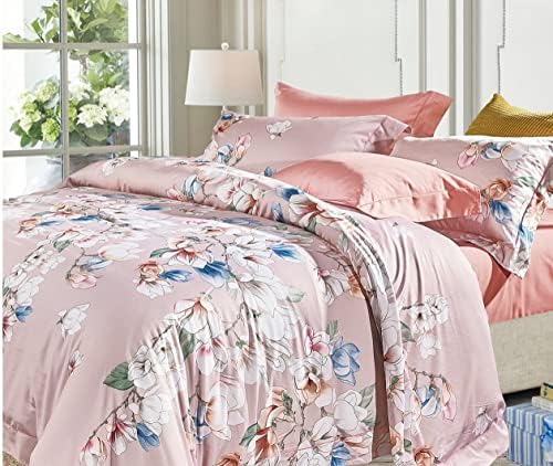  Eikei Modern Watercolor Flowers Print Duvet Quilt Cover 3pc Set Lilac Orchid Magnolia Blossom Leaf Branches Cotton Sateen 300tc Luxury Floral Bedding (Twin, Beige)