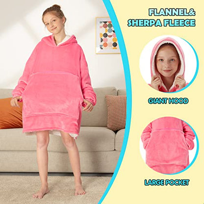  Yescool Wearable Blanket Sweatshirt Kids, Oversized Blanket Hoodie With Sherpa For Kids, Youth, Boys, Girls, Portable Warm Travel Pillow, Teen Wearable Blankets, Hand Warmer, One Size, Pink