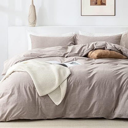  Queen Duvet Cover Set- 100% Washed Cotton 3 Pcs Soft Comfy Breathable Chic Linen Feel Bedding, 1 Duvet Cover And 2 Pillow Shams, Mauve Brown