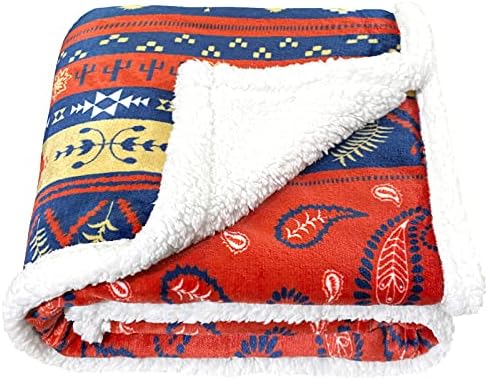  Sherpa Fleece Throw Blanket, Fuzzy Warm Super Soft Reversible Stripe Geometric Pattern Plush Blanket For Bed, Sofa And Couch, 50 X 60 Inches, Red/Blue