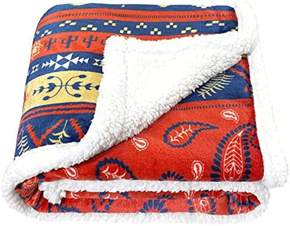  Sherpa Fleece Throw Blanket, Fuzzy Warm Super Soft Reversible Stripe Geometric Pattern Plush Blanket For Bed, Sofa And Couch, 50 X 60 Inches, Red/Blue