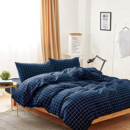  - Navy Grid Duvet Cover Set, 100% Washed Cotton Bedding, Navy Blue With White Grid Plaid Geometric Pattern Printed, With Zipper Closure (3pcs, Twin Size)