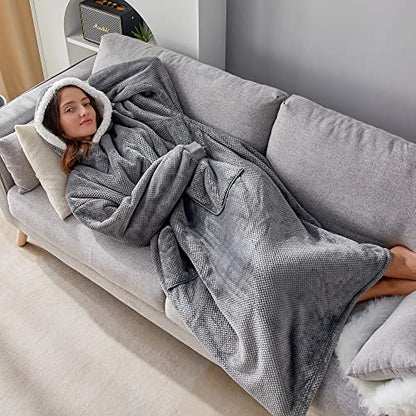  BEDELITE Fleece Sherpa Wearable Blanket Hoodie With Sleeves And Pocket, Cozy Warm Oversized Blanket Sweatshirt