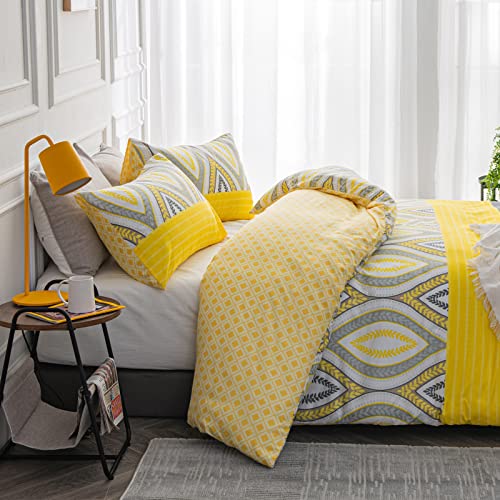  Yellow Duvet Cover Set Queen Size, 90" X 90" Soft Microfiber Duvet Covers With Geometric Pattern, 3 Pieces Reversible Duvet Cover Zipper Bedding Sets For All Seasons, Yellow & Grey