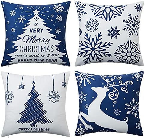  NANAN Christmas Pillow Covers 18X18 Inch Navy Blue Christmas Pillow Cases Snowflake Merry Christmas Holiday Pillowcases Xmas Trees Elk Deer Decorative Cushion Covers For Party Sofa Couch Set Of 4