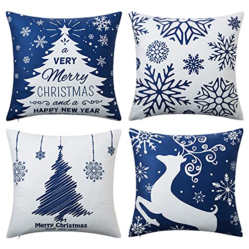  NANAN Christmas Pillow Covers 18X18 Inch Navy Blue Christmas Pillow Cases Snowflake Merry Christmas Holiday Pillowcases Xmas Trees Elk Deer Decorative Cushion Covers For Party Sofa Couch Set Of 4