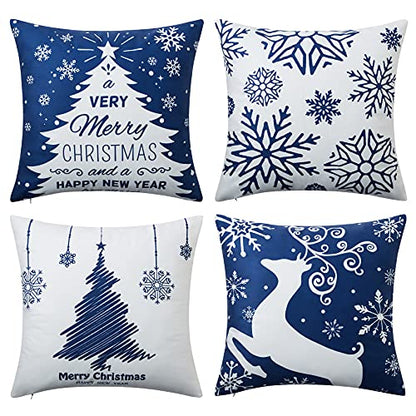 NANAN Christmas Pillow Covers 18X18 Inch Navy Blue Christmas Pillow Cases Snowflake Merry Christmas Holiday Pillowcases Xmas Trees Elk Deer Decorative Cushion Covers For Party Sofa Couch Set Of 4
