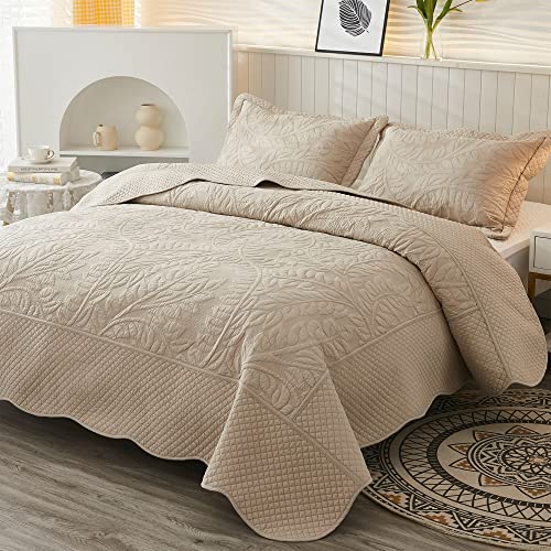  MarCielo 3-Piece 100% Cotton Oversized Bedspread Set Coverlet Set Lightweight Quilt Set Embroidery Farmhouse Bedding Set (Natural Beige, King (118"x106"))