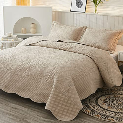  MarCielo 3-Piece 100% Cotton Oversized Bedspread Set Coverlet Set Lightweight Quilt Set Embroidery Farmhouse Bedding Set (Natural Beige, King (118"x106"))