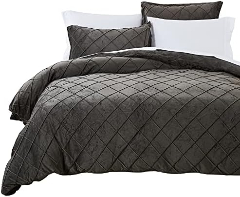  Pleated Velvet Duvet Cover Set King, 3PCS Flannel Comforter Cover Set For All Season, Ultra Soft Cozy Luxurious Velour Duvet Cover With Pillow Shams Bedding Collection, 106" X 92", Charcoal Grey