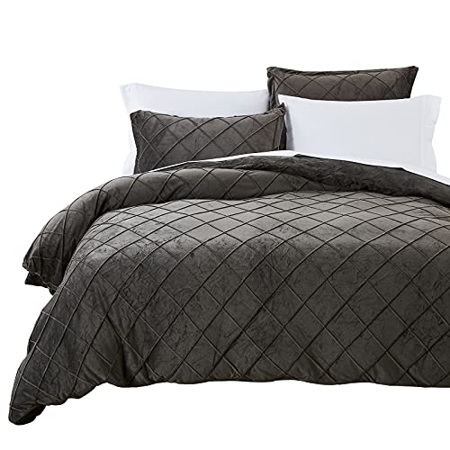  Pleated Velvet Duvet Cover Set King, 3PCS Flannel Comforter Cover Set For All Season, Ultra Soft Cozy Luxurious Velour Duvet Cover With Pillow Shams Bedding Collection, 106" X 92", Charcoal Grey