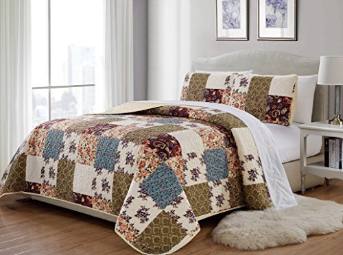  K 3pc King/California King Home Bedspread Quilted Print Floral Beige Burgundy Purple Blue Taupe Over Size New # Milano 62