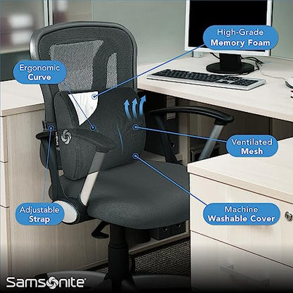  SAMSONITE Lumbar Support Pillow For Office Chair And Car Seat, Perfectly Balanced Memory Foam , Versatile Use Lower Back Cushion