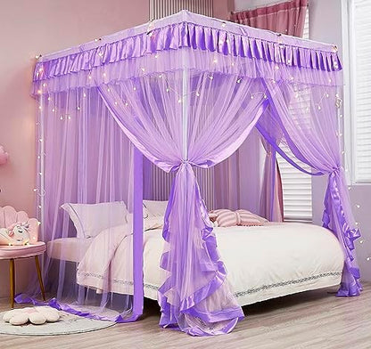  Mengersi Rainbow Canopy Bed Curtains With Lights - Princess Bed Canopy For Girls - Bed Drapes Netting- Bedroom Decoration Accessories,Twin