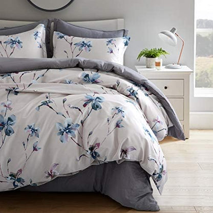  Eikei Modern Watercolor Flowers Print Duvet Quilt Cover 3pc Set Lilac Orchid Magnolia Blossom Leaf Branches Cotton Sateen 300tc Luxury Floral Bedding (Twin, Beige)