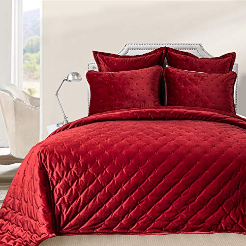  DriftAway 3 Piece Velvet Quilt Set Bedspreads Coverlets Cover Prewashed King Red