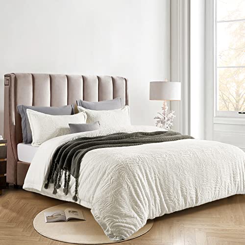  TILLYOU White Fluffy Duvet Cover Queen Set, Ultra Soft Shaggy Comforter Set Milk Crystal Velvet Bedding Faux Fur Plush Fuzzy Comforter Cover, 3 Pieces (1 Duvet Cover + 2 Pillow Shams)