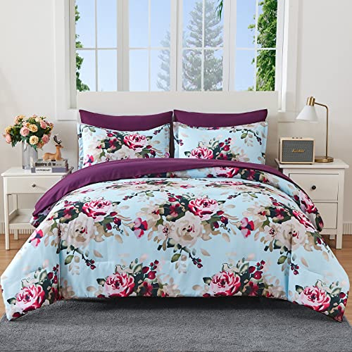 Inron 7 Piece Bed In A Bag,Floral Comforter Set Queen Size, Watercolor Blooms Print Design,All Season Bedding Set With Comforter,Pillow Shams,Flat Sheet,Fitted Sheet, Pillowcases(Blue Flower,Queen)