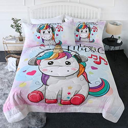  BlessLiving 3 Piece Unicorn Comforter Set With Pillow Shams Cartoon Unicorn Bedding Set With 3D Printed Designs Reversible Comforter Twin/Twin XL Size Bedding Sets, Rainbow