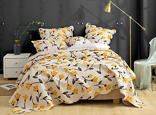  DaDa Bedding Botanical Floral Bedspread Quilt - Yellow Fleur Golden Yellow Spring Time Tulips Quilted Coverlet Set - Scalloped Edges Bright Vibrant Ivory Cream - King Size - 3-Pieces