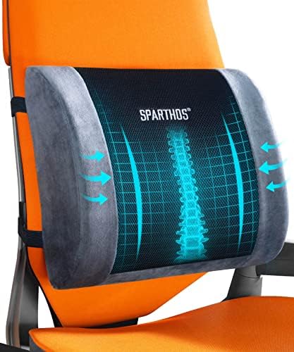  Sparthos Lumbar Support Pillow - Lower Back Pain Relief For Office Chairs, Car Seats, Desk, Driving Comfort, Recliner, Couch - Ergonomic Sitting Posture Cushion - Gel Cooled Memory Foam (Gray)