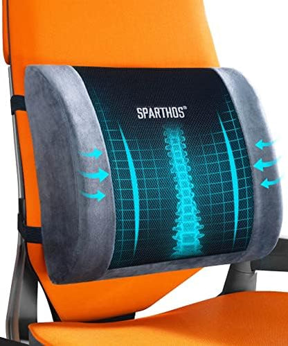  Sparthos Lumbar Support Pillow - Lower Back Pain Relief For Office Chairs, Car Seats, Desk, Driving Comfort, Recliner, Couch - Ergonomic Sitting Posture Cushion - Gel Cooled Memory Foam (Gray)