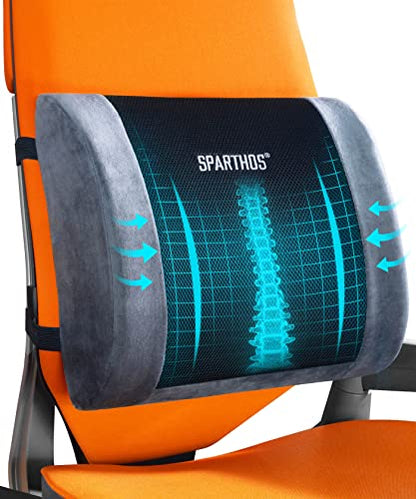  Sparthos Lumbar Support Pillow - Lower Back Pain Relief For Office Chairs, Car Seats, Desk, Driving Comfort, Recliner, Couch - Ergonomic Sitting Posture Cushion - Gel Cooled Memory Foam (Gray)