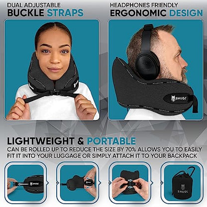  SNUGL Travel Pillow - Memory Foam Neck Cushion - Flight Pillow | Support Neck Pillow For Travel | Travel Neck Pillow For Airplane With Carry Bag & Clip | Flying Travel Essentials (Jet Black - Regular)
