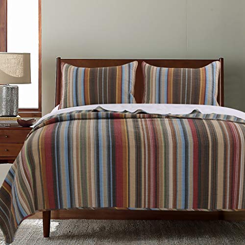  3 Piece Western Color Stripe Quilt Full Queen Set, Southwest Spirit Striped Bedding, Traditional Country Southwestern Vertical Stripes Themed Pattern, Blue Beige Brown Burgundy Dark Red Burnt Orange