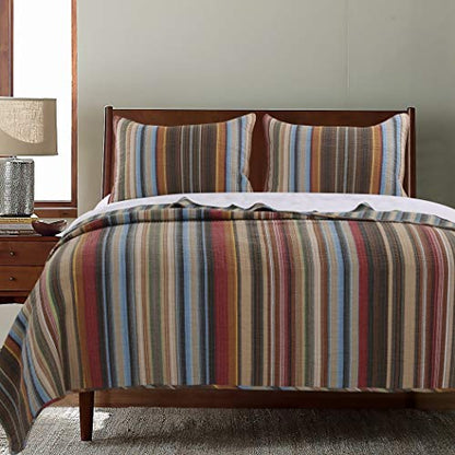  3 Piece Western Color Stripe Quilt Full Queen Set, Southwest Spirit Striped Bedding, Traditional Country Southwestern Vertical Stripes Themed Pattern, Blue Beige Brown Burgundy Dark Red Burnt Orange