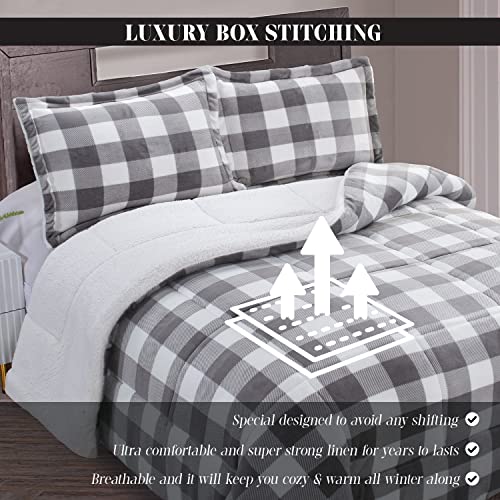  Elegant Comfort 3-Piece Buffalo Lodge-Plaid Comforter Set, Luxurious, Heavyweight, All Season, Down Alternative-Micromink Sherpa-Backing Reversible Micro-Suede, Soft And Plush, Queen, Gray/White