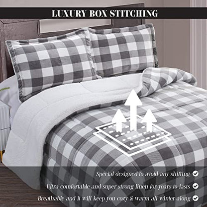  Elegant Comfort 3-Piece Buffalo Lodge-Plaid Comforter Set, Luxurious, Heavyweight, All Season, Down Alternative-Micromink Sherpa-Backing Reversible Micro-Suede, Soft And Plush, Queen, Gray/White