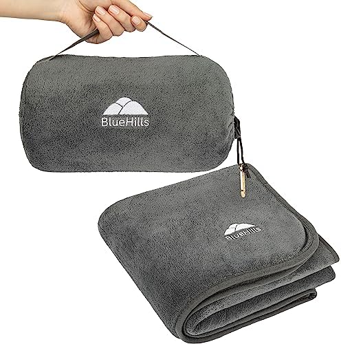  BlueHills Travel Blanket Pillow Rolled Premium Soft Plush Airplane Throw Traveling Essentials Compact In A Bag With Luggage Belt 70 X 48 Inches For Long Plane Flight Portable Lightweight Grey Gray R01