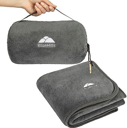  BlueHills Travel Blanket Pillow Rolled Premium Soft Plush Airplane Throw Traveling Essentials Compact In A Bag With Luggage Belt 70 X 48 Inches For Long Plane Flight Portable Lightweight Grey Gray R01