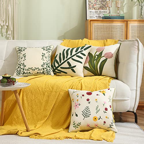  Tosleo Farmhouse Pink Tulip Embroidered Decorative Throw Pillow Covers 18x18 Set Of 2 Flowers Tufted Pillow Cushion Cases Square Floral Cotton Pillowcases For Wedding Sofa Couch Bedroom Living Room