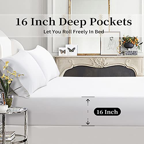  1200 Thread Count Cotton King Size Sheets, Luxury 5-Star Hotel 100% Egyptian Cotton Sheets Set, Sateen Weave For Soft Feel, Fits Mattress Upto 16" DEEP Pocket - 4 Piece(White, King)