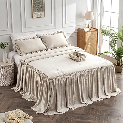  Home Bedding Bedspread Set Quilt - Farmhouse Bedspread Summer Coverlet Bed Spreads, Lightweight Bed Quilt Chic Vintage Bedding Ruffle Skirt Bedspreads Bedroom Rustic With 2 Pillow Shams (King Wheat)