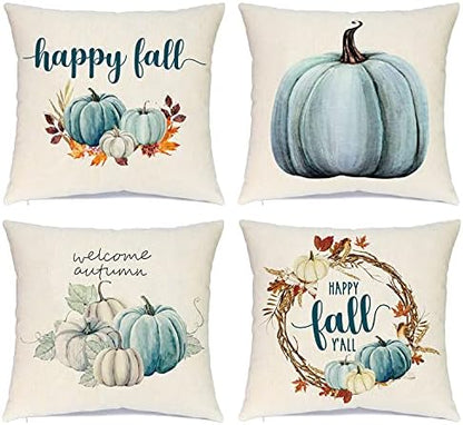  Farmhouse Fall Throw Pillow Covers 18x18 Set Of 4, Autumn Pumpkin Decorative Pillow Covers, Thanksgiving Pillows Cases Harvest Cushion Cases For Couch Sofa, Outdoor Home Decor