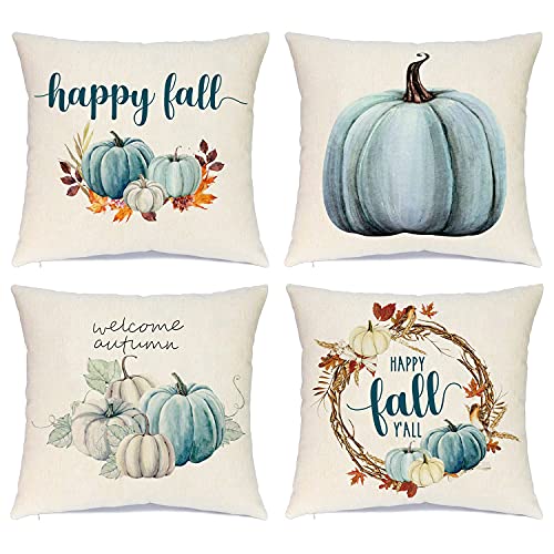  Farmhouse Fall Throw Pillow Covers 18x18 Set Of 4, Autumn Pumpkin Decorative Pillow Covers, Thanksgiving Pillows Cases Harvest Cushion Cases For Couch Sofa, Outdoor Home Decor
