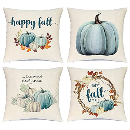  Farmhouse Fall Throw Pillow Covers 18x18 Set Of 4, Autumn Pumpkin Decorative Pillow Covers, Thanksgiving Pillows Cases Harvest Cushion Cases For Couch Sofa, Outdoor Home Decor